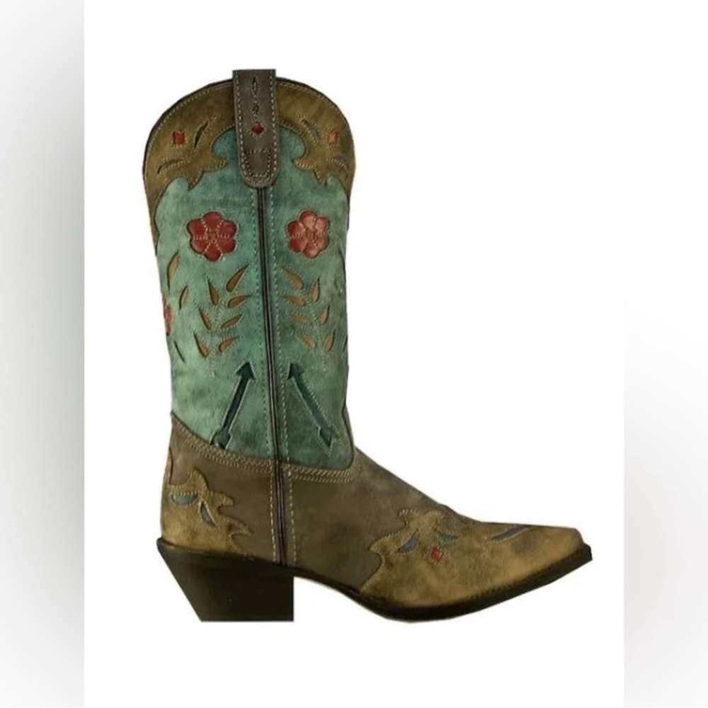 Laredo Turquoise and Brown Floral Embroidered Western Heeled Boots